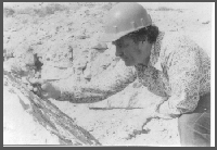 Roger Pabian examines a slab of late Pennsylvanian age limestone for marine invertebrate fossils around 1976.
