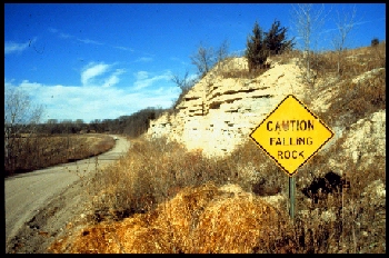 Highway 12, Boyd County, Nebraska. This landslide is a combination of an Earth Slump and Rock Slump. Pleistocene sand and gravels overlying Pierre Shale.
