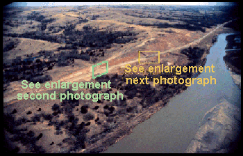 Complex landslide on Highway 14, two miles South of Niobrara, Nebraska. See an enlargement of this photograph which includes details of this complex landslide. The next photograph is a close-up of the area in the yellow rectangle.