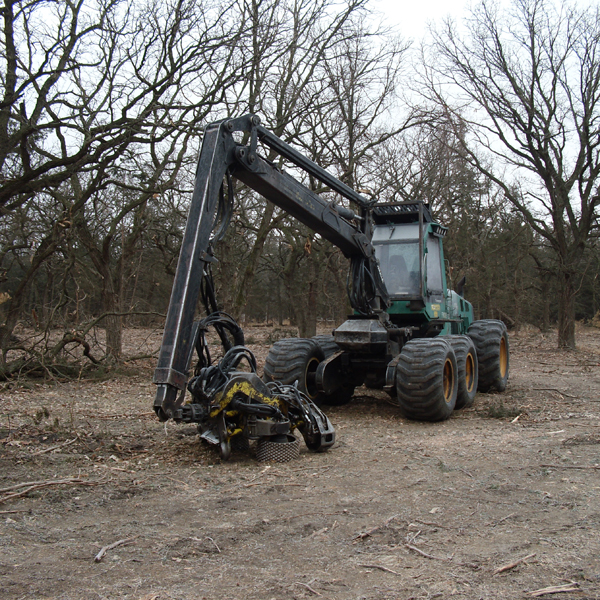Timberjack Harvester used by private loggers to remove encroaching eastern redcedar trees and restore oak woodlands. 