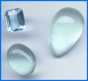 Faceted and cabochon cut. Aquamarines from Mines Gerais, Brazil.