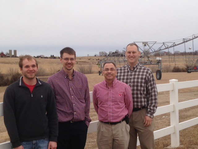 Michael Hayes, along with Dr. Brian Wardlow (SNR), Dr. Derek Heeren (Biological Systems Engineering), and Keith Miller (BSE graduate student), following a visit to the Reinke Irrigation Manufacturing Company located in Deshler, NE, in January 2014.