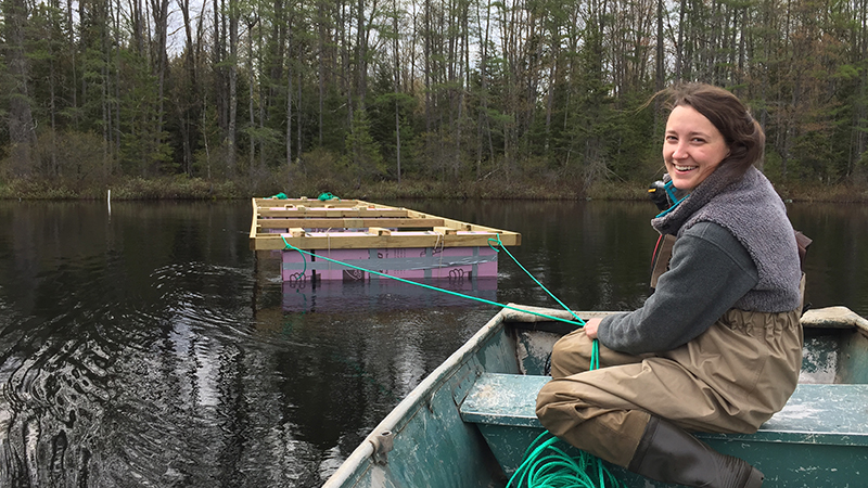 Carly Olson in lake to study zooplankton