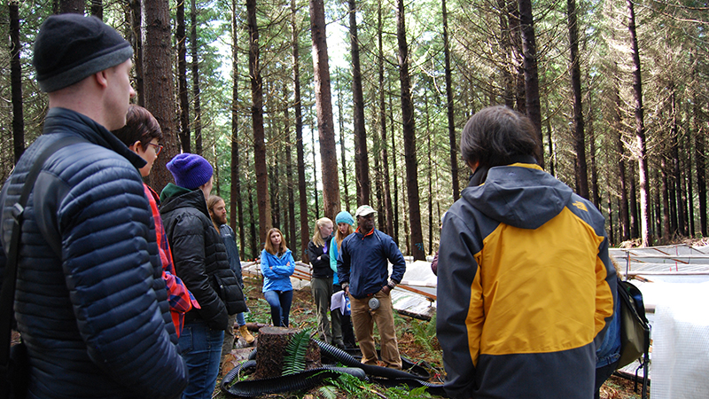 Lord Ameyaw with students in forest