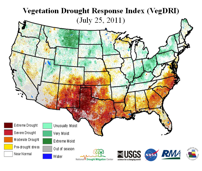 VegDRI map for July 25, 2011 depicting the extreme severe to extreme agricultural drought conditions over the south-central United States. VegDRI is becoming increasingly used by the U.S. Drought Monitor, National Weather Service, and individual states as part of their operational drought monitoring activities. 