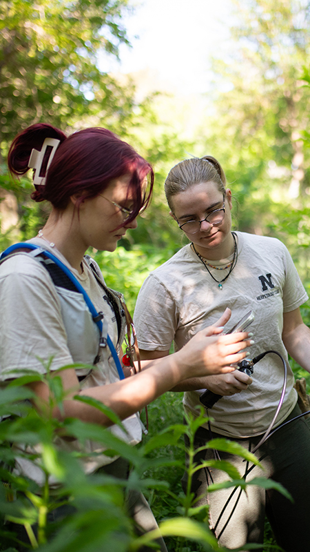 Two students making a measurement in the forest